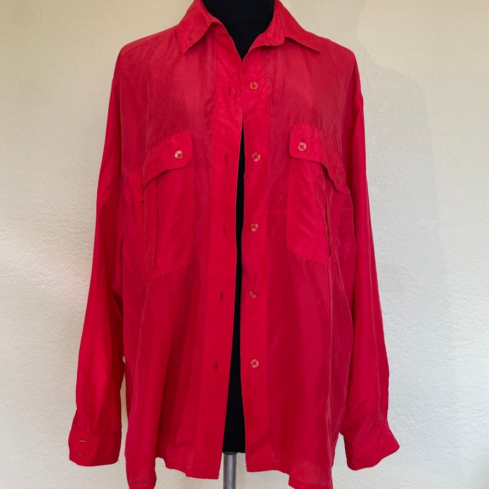 Vintage Red Eatons Button Up Blouse with Pockets Size M/L